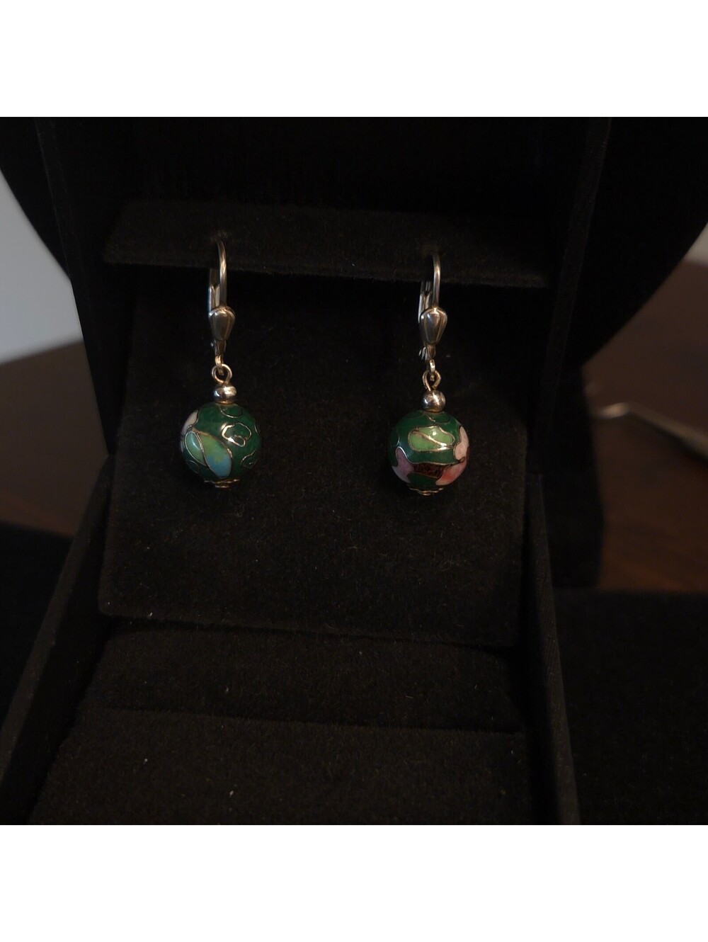 Vintage Sterling Silver Dark Green Cloisonné Drop Earrings